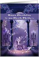 Birthday to Birth Mother, beautiful purple and white unicorn, swirls card