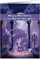 Birthday to Birth Daughter, beautiful purple and white unicorn, swirls card