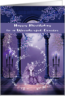 Birthday to Cousin, beautiful purple and white unicorn, star swirls card