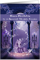 Birthday to Double Cousin, beautiful purple and white unicorn, swirls card