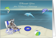 Thank You for House Sitting, away on vacation, raccoon with dolphins card