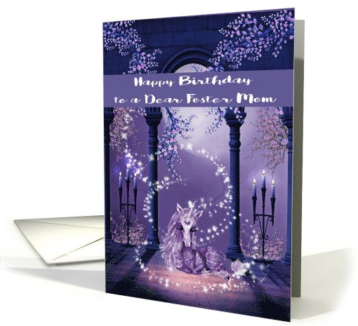 Birthday to Foster Mom, beautiful ultra purple and white unicorn card