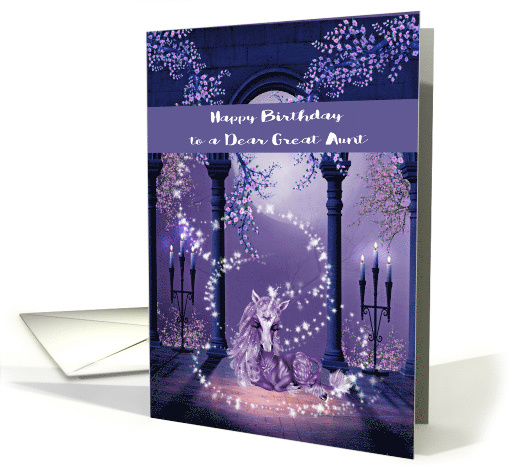 Birthday to Great Aunt, beautiful ultra purple and white unicorn card