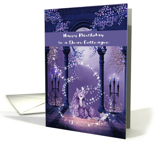 Birthday to Colleague, beautiful ultra purple and white unicorn card