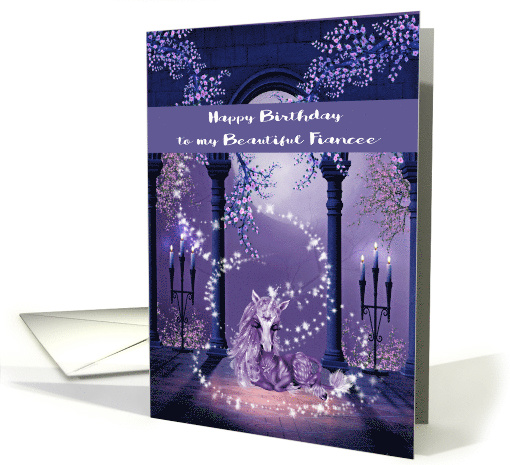 Birthday to Fiancee, beautiful ultra purple and white unicorn card