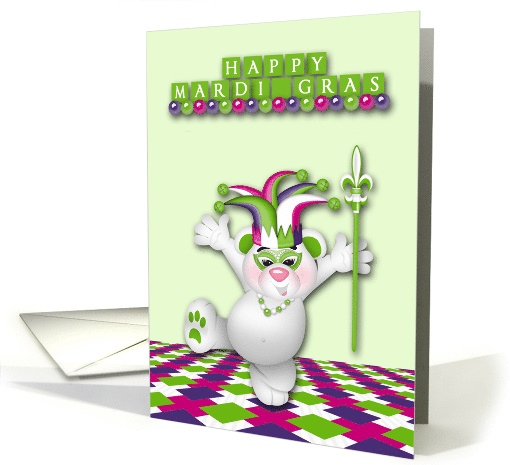 Mardi Gras with a Cheerful Jester Bear Wearing a Hat and Mask card