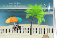 Birthday to Photographer with a Raccoon Holding a Camera on a Beach card