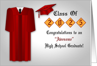 Congratulations on High School Graduation 2025 with Male Gown in Red card