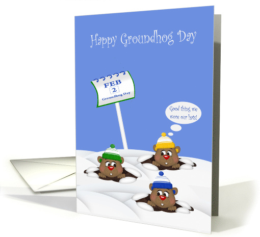Groundhog Day with a Cute Groundhogs Wearing Winter Hats in Snow card