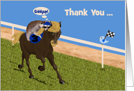 Thank You for your Support a Raccoon Holding onto a Racehorse’s Neck card