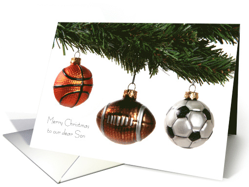 Christmas to son, sports theme, Balls hanging on a tree card (1541606)