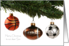 Christmas to son, sports theme, Balls hanging on a tree card