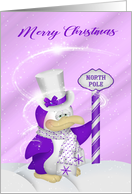 Christmas, general, A cute ultra purple penguin in a snowy whirlwind card