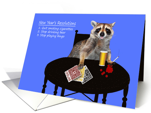 New Year's Resolutions with a Cute Raccoon Enjoying Bad Habits card