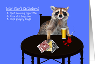 New Year’s Resolutions, general humor, A cute raccoon with bad habits card