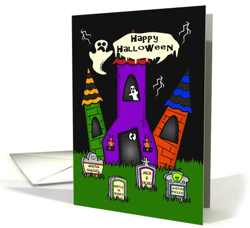 Halloween Card with a Spooky House and Humorous Tombstones card