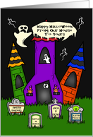 Halloween from Our House to Yours, A house with humorous tombstones card