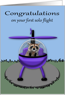 Congratulations on first solo helicopter flight, Raccoon in helicopter card