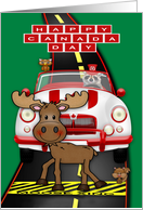 Canada Day General A Dashing Raccoon Driving a Red and White Car card