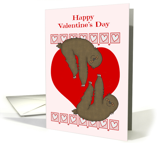 Valentine's Day with Two Cute Sloths Hanging on a Big Red Heart card