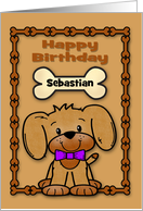 Birthday Custom Name with a Cute Puppy Wearing a Bow in a Frame card