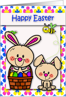 Easter, general. Two cute bunnies with eggs, a bee, and a caterpillar card
