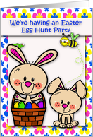 Invitation to Easter Egg Hunt Party, A bunny holding decorated eggs card