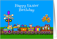 Birthday on Easter General A Bunny Train with Decorated Egg Balloons card