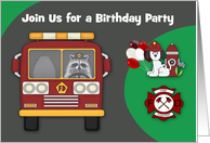 Invitation to Birthday with a Firefighter Theme Raccoon and Dalmatian card