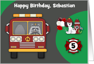 Birthday Firefighter Theme Custom Name and Age Raccoon and Dalmatian card