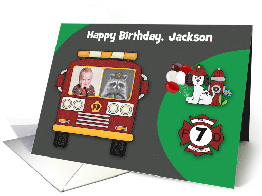Birthday Firefighter Theme Photo Custom Name Card with a Raccoon card