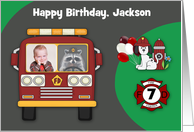 Birthday Firefighter Theme Photo Custom Name Card with a Raccoon card