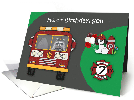 7th Birthday to Son Firefighter Theme with a Raccoon and a Dog card
