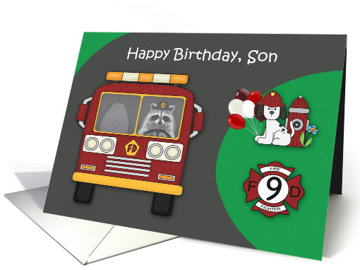 9th Birthday to Son Firefighter Theme with a Raccoon and a Dog card
