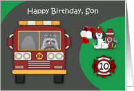 10th Birthday to Son Firefighter Theme with a Raccoon and a Dog card