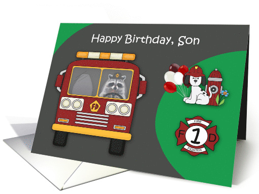 1st Birthday to Son Firefighter Theme with a Raccoon and a Dog card