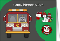 Birthday to Son Firefighter Theme with a Raccoon and a Dog card