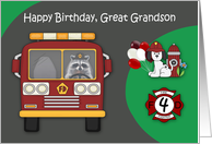 4th Birthday to Great Grandson Firefighter Theme with a Raccoon card