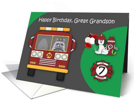 7th Birthday to Great Grandson Firefighter Theme with a Raccoon card