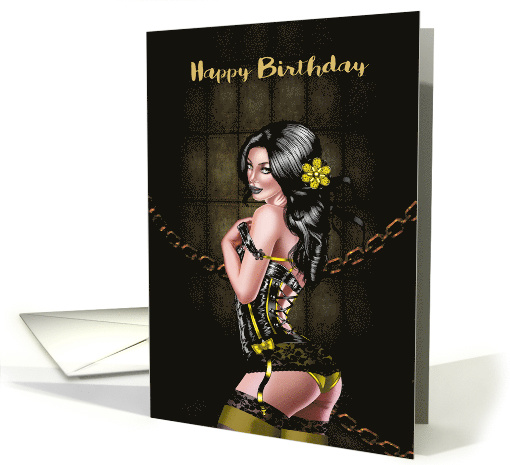 Steampunk Birthday with a Sexy Women with Chains and a Flower card