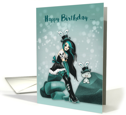 Steampunk Birthday with a Girl Sitting on a Rock and a Cute Bunny card