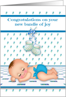 Congratutions on New Baby Boy with a Sleeping Baby on Patterns card