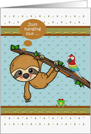 Birthday with a Cute Sloth Hanging from a Tree Against Patterns card