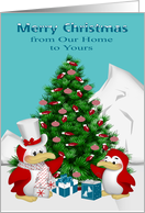 Christmas from Our Home to Yours with Cute Penguins and a Tree card