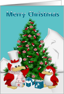 Christmas with Cute Penguins and a Festive Decorated Tree card