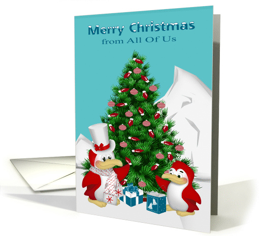 Christmas from All Of Us with Cute Penguins and a Decorated Tree card