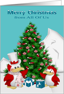 Christmas from All Of Us with Cute Penguins and a Decorated Tree card