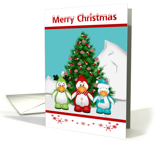 Christmas with Three Cute Penguins and a Decorated Tree card (1576536)
