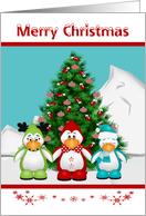 Christmas with Three Cute Penguins and a Decorated Tree card