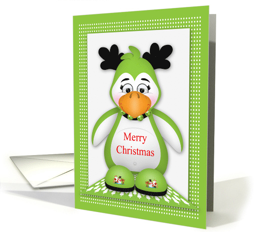 Christmas with a Cute Penguin Wearing Antlers and a Bell Collar card